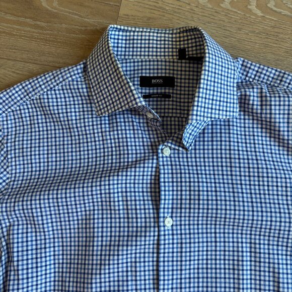 Hugo Boss Sharp Fit 16.5 16 1/2 Blue Plaid Dress Shirt 42 Men's 32/33 - Picture 4 of 11